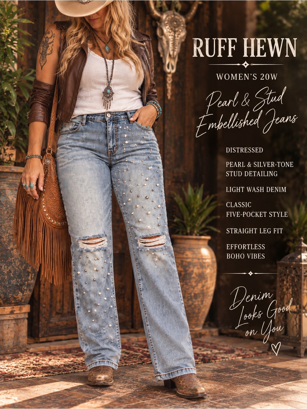 Ruff Hewn Light Wash Pearl & Silver-Stud Straight Leg Jeans